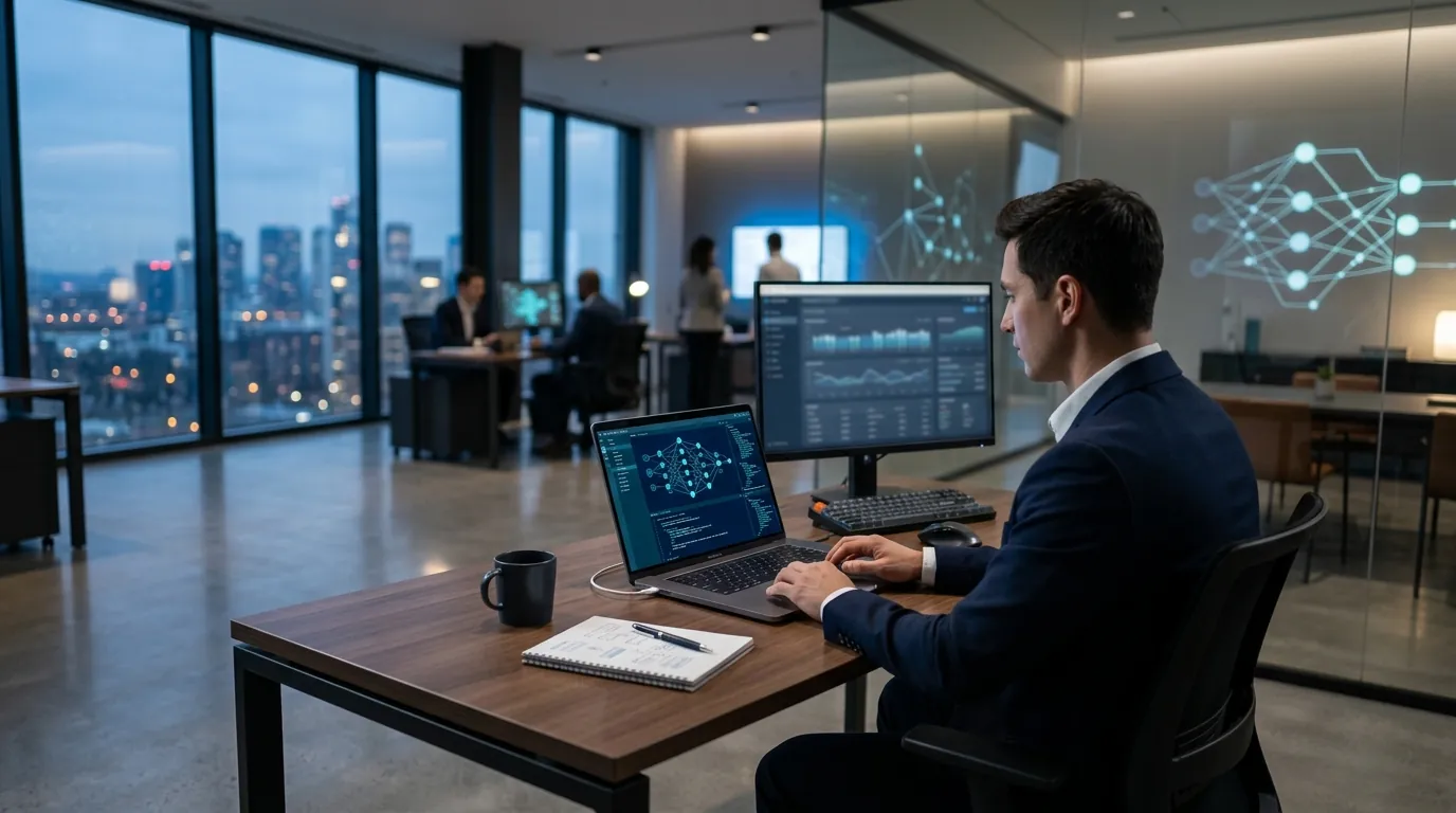 AI app development team analyzing data and training models