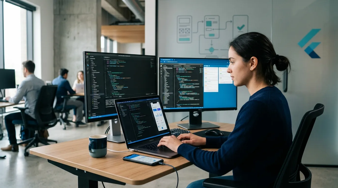 Flutter app developers writing dart code for mobile interfaces