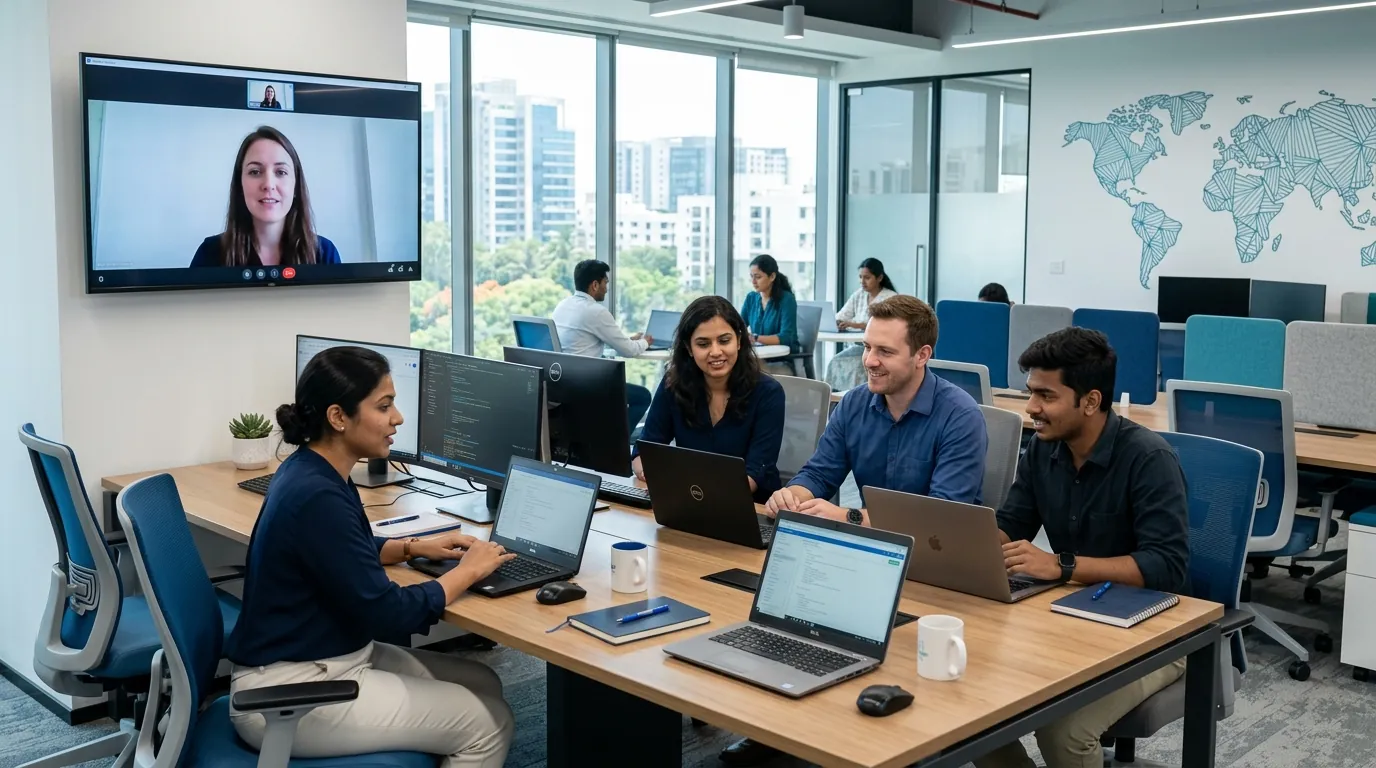 Offshore development team collaborating in a modern Bangalore tech office